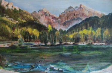 Painting titled "THE JULIAN ALPS and…" by Julia Vedrina, Original Artwork, Oil Mounted on Wood Stretcher frame