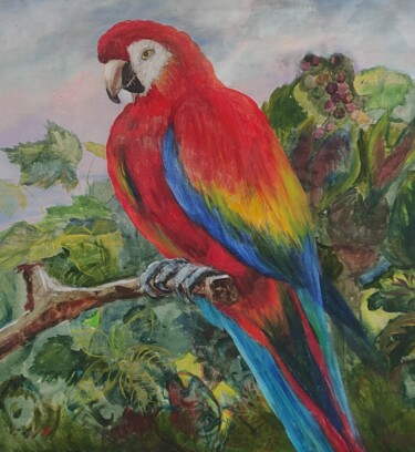 Painting titled "Scarlet Macaw (Ara)…" by Julia Vedrina, Original Artwork, Oil Mounted on Wood Stretcher frame