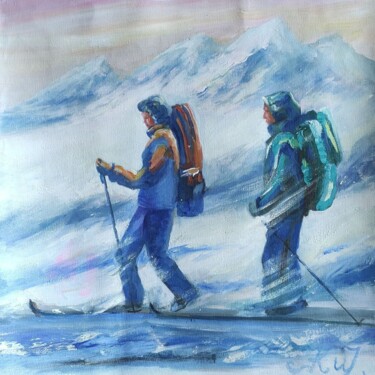 Schilderij getiteld "Men on skis" door Julia Vedrina, Origineel Kunstwerk, Olie