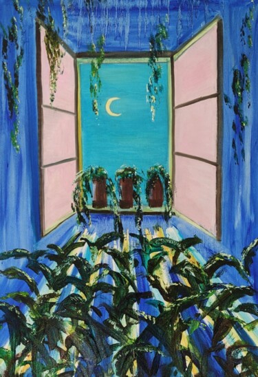 Painting titled "Night Moon Flowers" by Julia Vedrina, Original Artwork, Oil