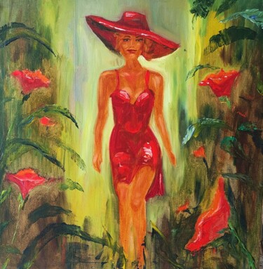 Painting titled "Elegant Woman in Re…" by Julia Vedrina, Original Artwork, Oil