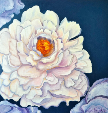 Painting titled "Peony of Hope" by Julia Velyka, Original Artwork, Oil Mounted on Wood Stretcher frame