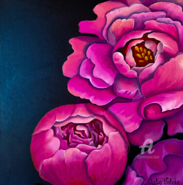 Painting titled "Peony of Faith" by Julia Velyka, Original Artwork, Oil Mounted on Wood Stretcher frame