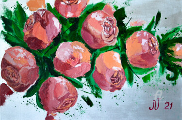 Painting titled "Roses for Anniversa…" by Julia Velyka, Original Artwork, Acrylic Mounted on Wood Stretcher frame