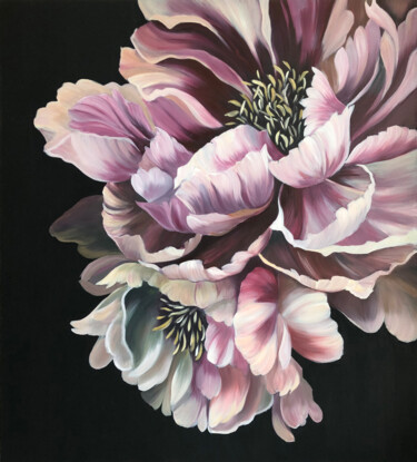 Painting titled "Peony - divine flow…" by Julia Zmeeva, Original Artwork, Oil Mounted on Wood Stretcher frame
