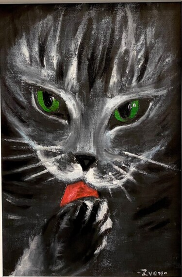 Painting titled "Black cat" by Julia Zvonova, Original Artwork, Oil Mounted on Wood Stretcher frame