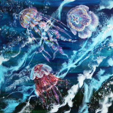 Schilderij getiteld "Three jellyfish. Re…" door Julia Crystal, Origineel Kunstwerk, Hars Gemonteerd op Frame voor houten bra…