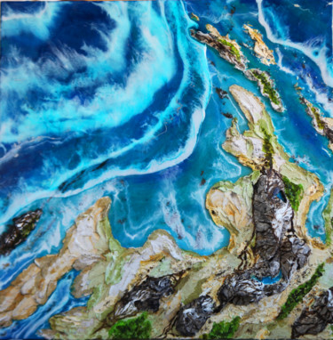 Painting titled "Mysterious Island.…" by Julia Crystal, Original Artwork, Resin Mounted on Wood Stretcher frame