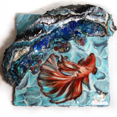 Red Siamese Fighter. 3D Textured Geode Resin painting Painting titled "Red Siamese Fighter…" by Julia Crystal, Original Art, Resin Mounted on Stretcher frame