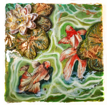 Ζωγραφική με τίτλο "Water lilies and go…" από Julia Crystal, Αυθεντικά έργα τέχνης, Λάδι