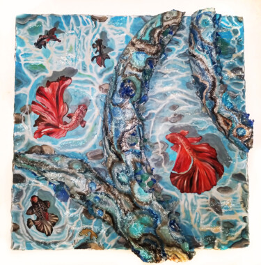 Картина под названием "Exotic fish in blue…" - Julia Crystal, Подлинное произведение искусства, Масло Установлен на Деревянн…