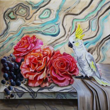 Painting titled "Parrot, red roses a…" by Julia Crystal, Original Artwork, Oil Mounted on Wood Stretcher frame