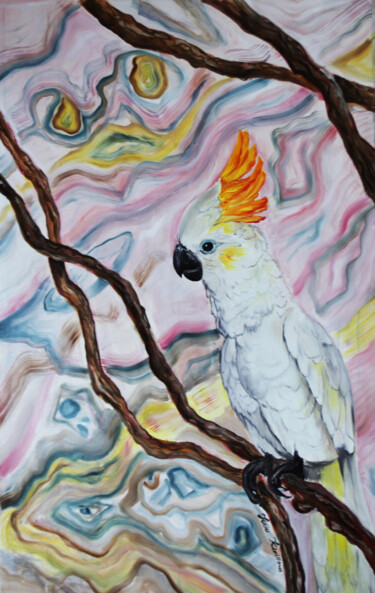 Peinture intitulée "Cockatoo parrot on…" par Julia Crystal, Œuvre d'art originale, Huile