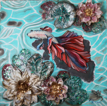 제목이 "Sky blue pond with…"인 미술작품 Julia Crystal로, 원작, 회 반죽 나무 들것 프레임에 장착됨
