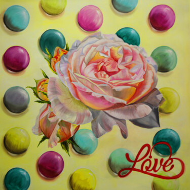 Painting titled "Love message. Pink…" by Julia Crystal, Original Artwork, Oil Mounted on Wood Stretcher frame