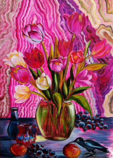 Schilderij getiteld "Purple tulips on a…" door Julia Crystal, Origineel Kunstwerk, Olie