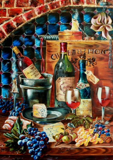 Painting titled "Still life with bot…" by Julia Crystal, Original Artwork, Oil Mounted on Wood Stretcher frame