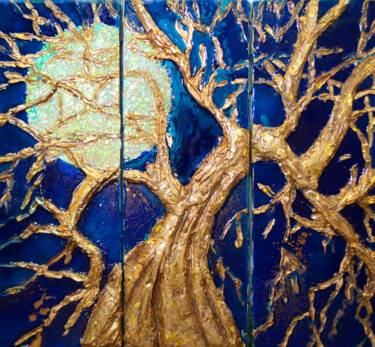 Schilderij getiteld "Moonlight Tree. 3D…" door Julia Crystal, Origineel Kunstwerk, Hars Gemonteerd op Frame voor houten bran…