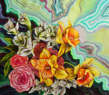 Malerei mit dem Titel "Daffodils, roses an…" von Julia Crystal, Original-Kunstwerk, Öl