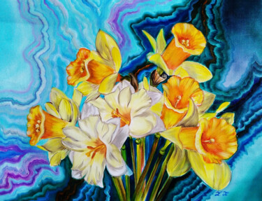 Painting titled "First spring flower…" by Julia Crystal, Original Artwork, Oil Mounted on Wood Stretcher frame
