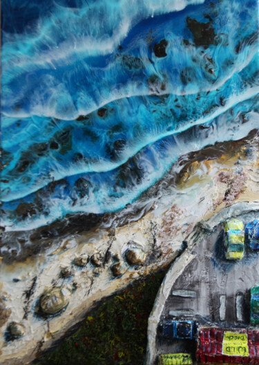 Painting titled "Rest on the beach.…" by Julia Crystal, Original Artwork, Resin Mounted on Wood Stretcher frame