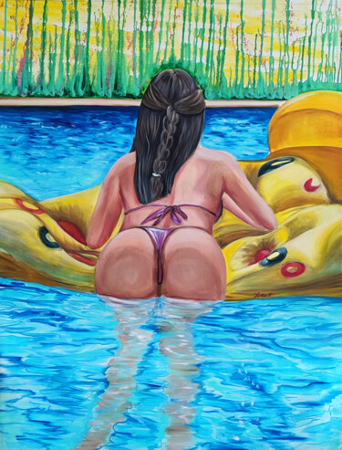 Painting titled "Yellow air mattress…" by Julia Crystal, Original Artwork, Oil