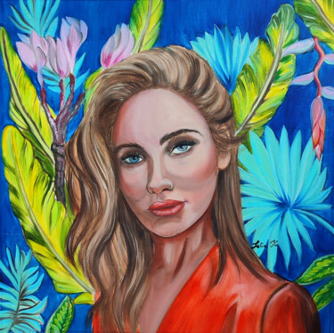 Painting titled "Beautiful girl in a…" by Julia Crystal, Original Artwork, Oil Mounted on Wood Stretcher frame