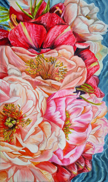 Painting titled "Pink peonies and hi…" by Julia Crystal, Original Artwork, Oil Mounted on Wood Stretcher frame