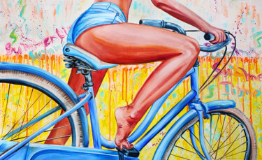 Pittura intitolato "Summer bike ride. B…" da Julia Crystal, Opera d'arte originale, Olio Montato su Telaio per barella in le…