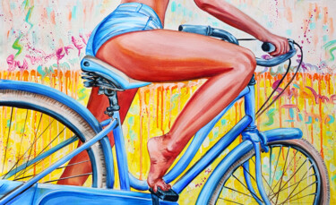 Ζωγραφική με τίτλο "Summer bike ride. B…" από Julia Crystal, Αυθεντικά έργα τέχνης, Λάδι Τοποθετήθηκε στο Ξύλινο φορείο σκελ…