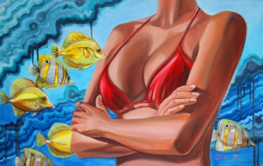 Painting titled "Red swimsuit. Beaut…" by Julia Crystal, Original Artwork, Oil Mounted on Wood Stretcher frame