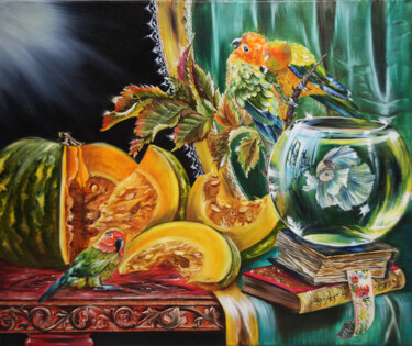 Painting titled "Emerald Still Life…" by Julia Crystal, Original Artwork, Oil Mounted on Wood Stretcher frame