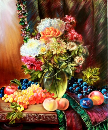 Картина под названием "Still life of a bou…" - Julia Crystal, Подлинное произведение искусства, Масло Установлен на Деревянн…