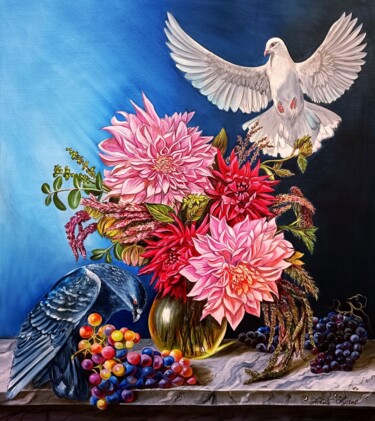 Painting titled "Still life with a b…" by Julia Crystal, Original Artwork, Oil Mounted on Wood Stretcher frame