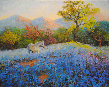 Painting titled "White horse and blu…" by Julia Herrero-Utiasheva, Original Artwork, Oil Mounted on Wood Stretcher frame