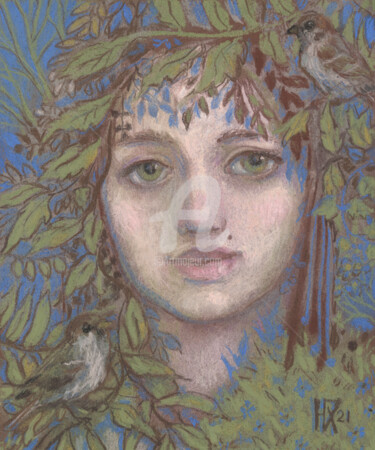Pintura intitulada "Sparrow Lady, Fanta…" por Julia Khoroshikh, Obras de arte originais, Pastel
