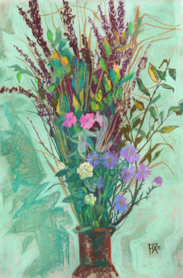 Dibujo titulada "Flowers in Brown Po…" por Julia Khoroshikh, Obra de arte original, Pastel