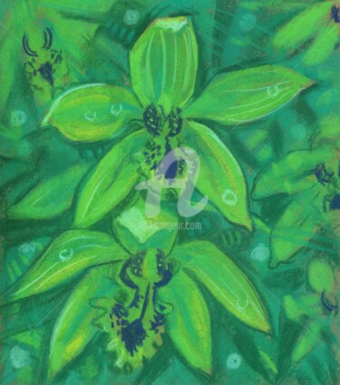 Malerei mit dem Titel "Green Orchid, Paste…" von Julia Khoroshikh, Original-Kunstwerk, Pastell