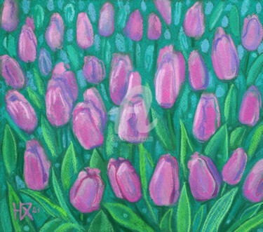 Zeichnungen mit dem Titel "Pink Tulips Field,…" von Julia Khoroshikh, Original-Kunstwerk, Pastell