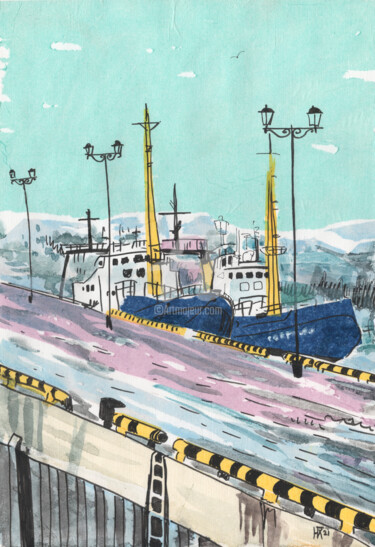 Kolaże zatytułowany „Two Ships, Winter L…” autorstwa Julia Khoroshikh, Oryginalna praca, Atrament