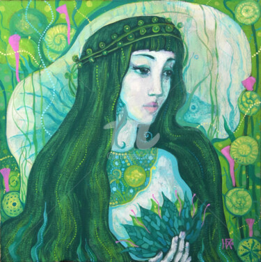 Schilderij getiteld "Green Mermaid, Surr…" door Julia Khoroshikh, Origineel Kunstwerk, Acryl