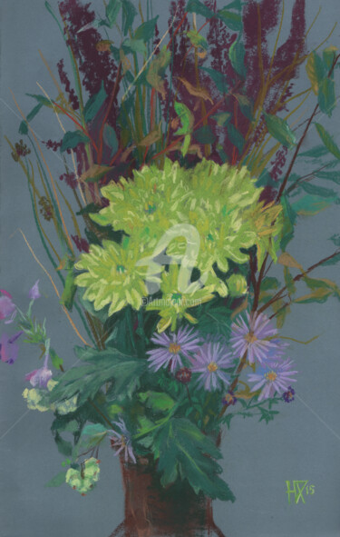 Dessin intitulée "Yellow Chrysanthemum" par Julia Khoroshikh, Œuvre d'art originale, Pastel