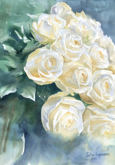 Malerei mit dem Titel "White Roses Bouquet…" von Julia Logunova, Original-Kunstwerk, Aquarell