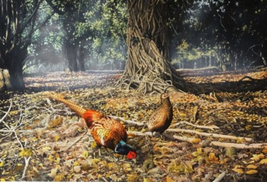 Peinture intitulée "Woodland Pheasants" par Julian Wheat, Œuvre d'art originale, Acrylique