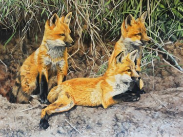 Картина под названием "Patient Fox cubs" - Julian Wheat, Подлинное произведение искусства, Акрил