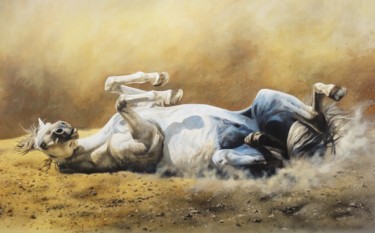 Painting titled "Wild horse dusting" by Julian Wheat, Original Artwork, Acrylic