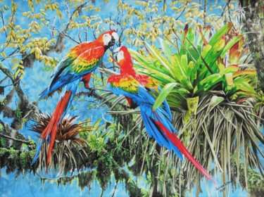 Картина под названием "Scarlet Macaws and…" - Julian Wheat, Подлинное произведение искусства, Акрил