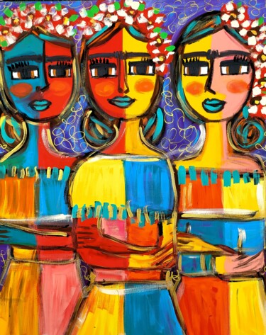 Painting titled "Frida em cores" by Juliana Rabelo Arte Naif, Original Artwork, Acrylic