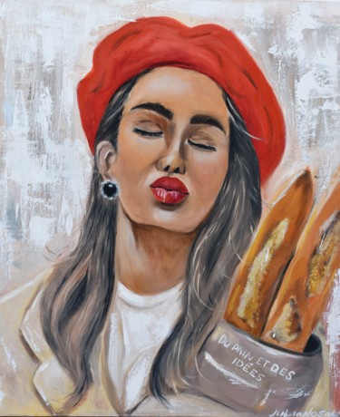 Painting titled "French baguette" by Juliana Sol, Original Artwork, Oil Mounted on Wood Stretcher frame