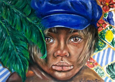 Painting titled "Baby in a blue cap" by Juliana Sol, Original Artwork, Oil